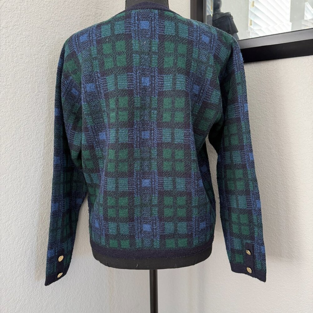 VINTAGE 80s Talbots Tartan Plaid Blue Green Cardigan Sweater Medium - Picture 6 of 14